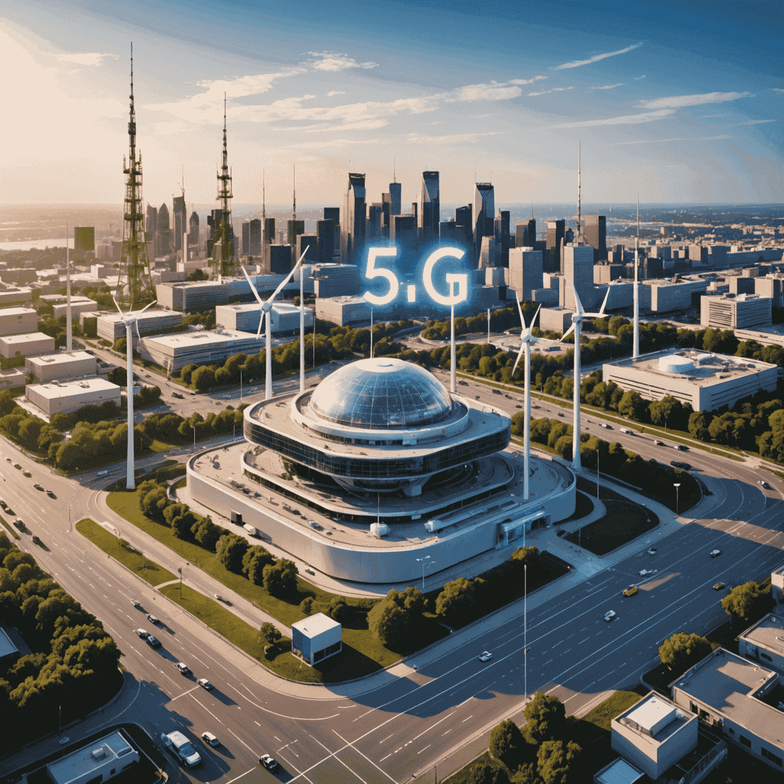 صورة توضيحية لتقنية الجيل الخامس 5G مع هوائيات وأجهزة اتصال حديثة